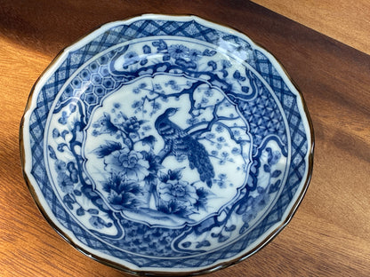 Vintage Japanese Arita Blue and White Porcelain Dish with Peacock and Peony Design – Scalloped Rim, Hand-Painted Mark