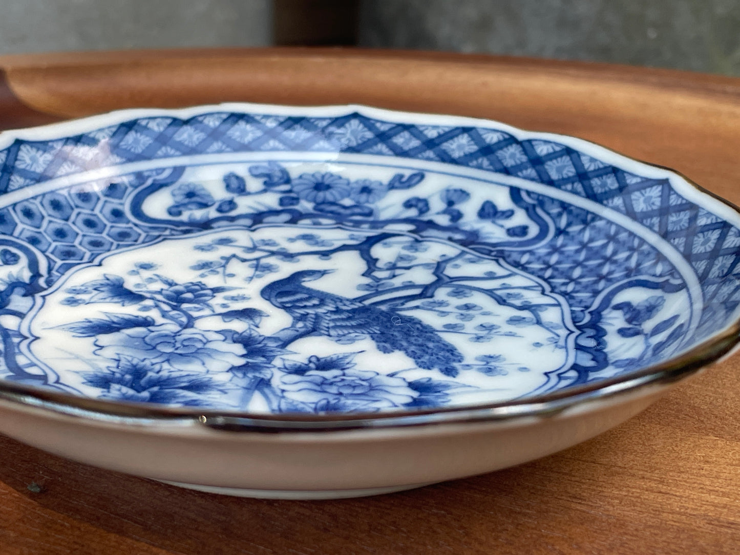 Vintage Japanese Arita Blue and White Porcelain Dish with Peacock and Peony Design – Scalloped Rim, Hand-Painted Mark
