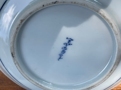 Vintage Japanese Arita Blue and White Porcelain Dish with Peacock and Peony Design – Scalloped Rim, Hand-Painted Mark