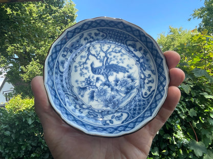 Vintage Japanese Arita Blue and White Porcelain Dish with Peacock and Peony Design – Scalloped Rim, Hand-Painted Mark