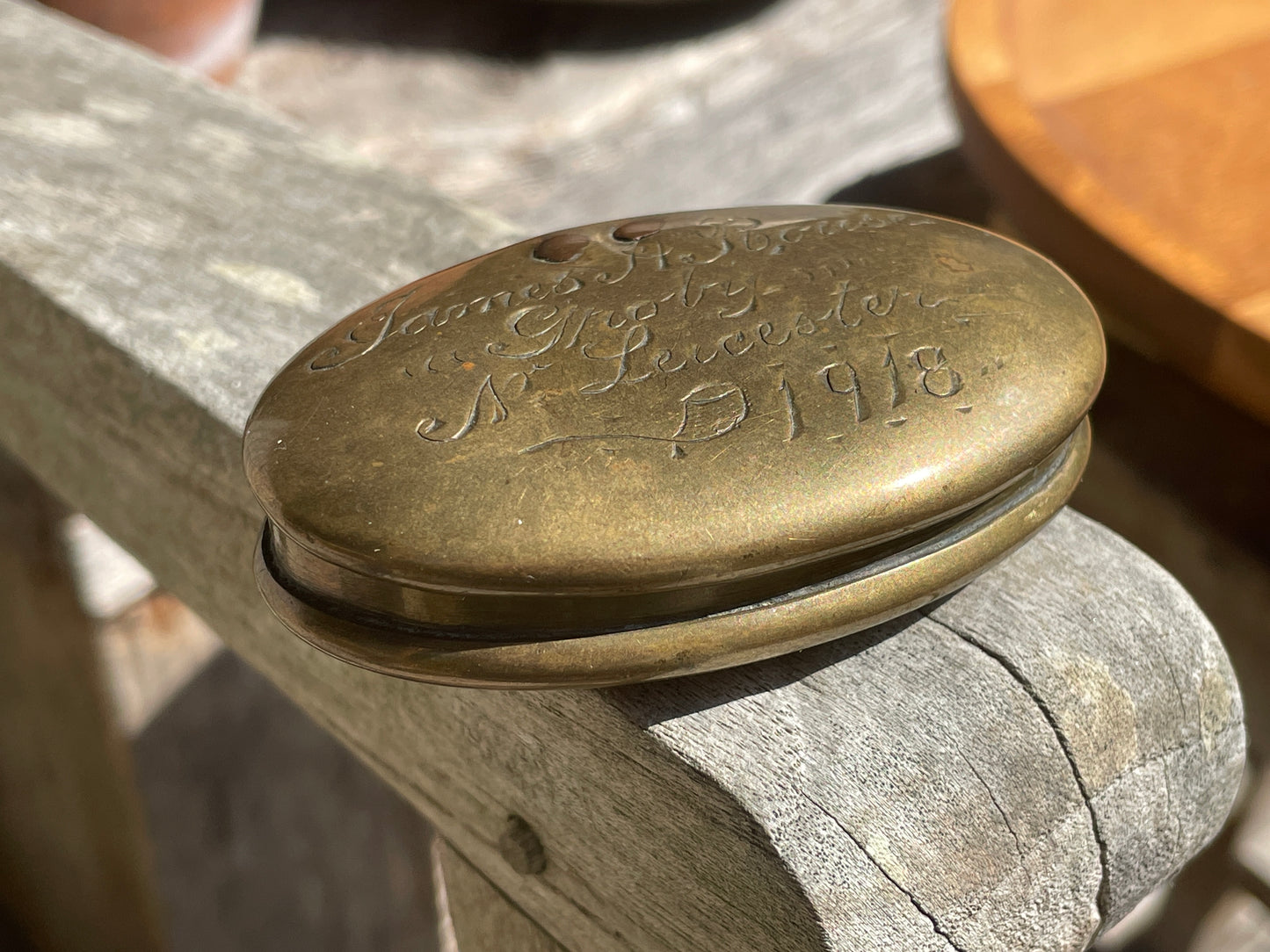 Rare 1918 Antique Brass Snuff Box James Rouse Shelton Leicester Portrait Engraved Tobacciana Victorian