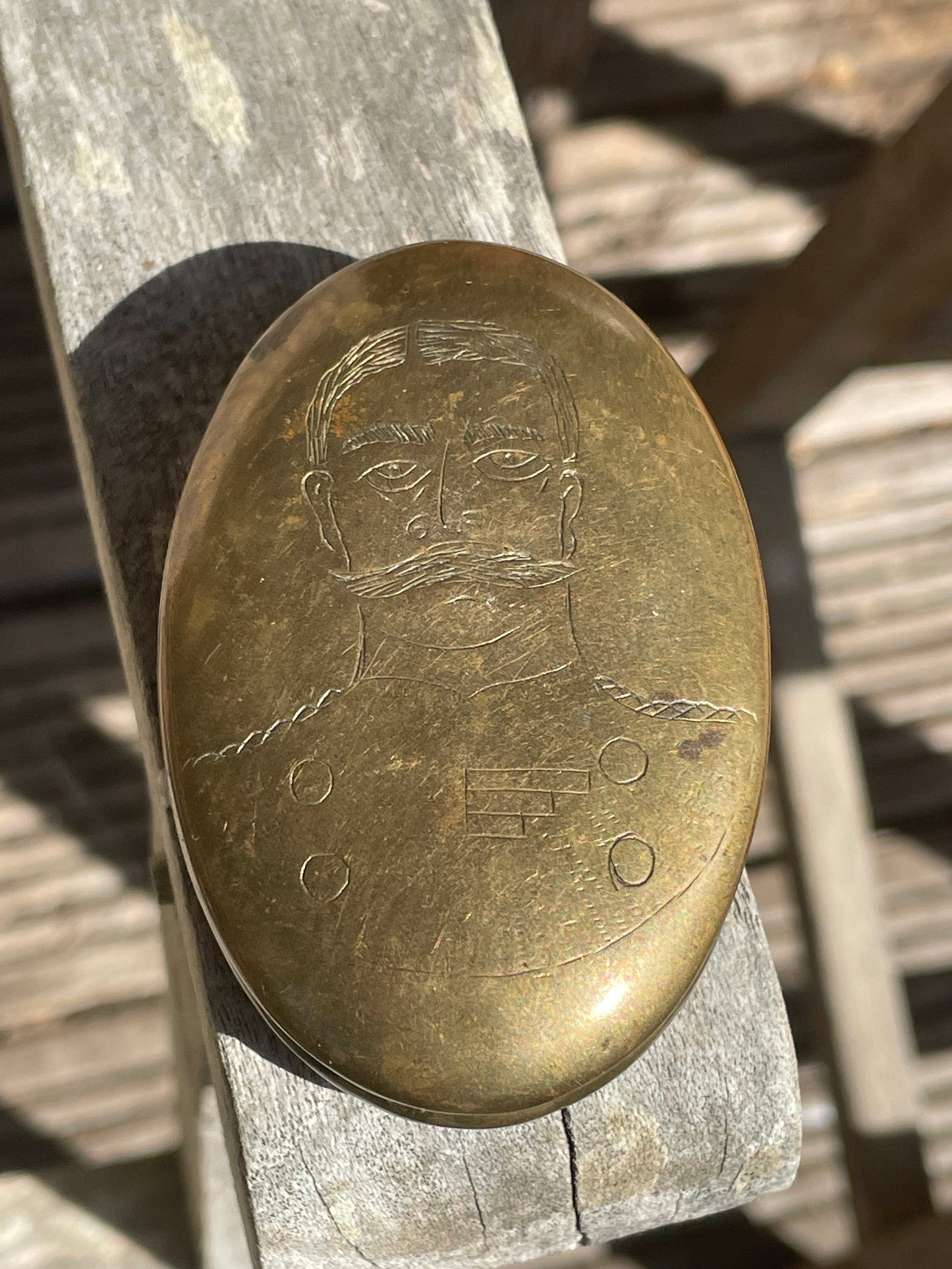 Rare 1918 Antique Brass Snuff Box James Rouse Shelton Leicester Portrait Engraved Tobacciana Victorian
