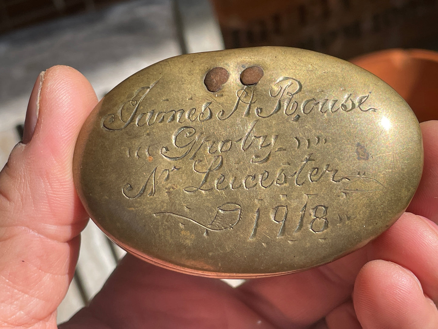 Rare 1918 Antique Brass Snuff Box James Rouse Shelton Leicester Portrait Engraved Tobacciana Victorian