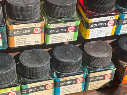 Vintage Artist’s Paint Box with Ecoline Watercolour Inks – Wooden Storage Case, 30ml Bottles by Talens