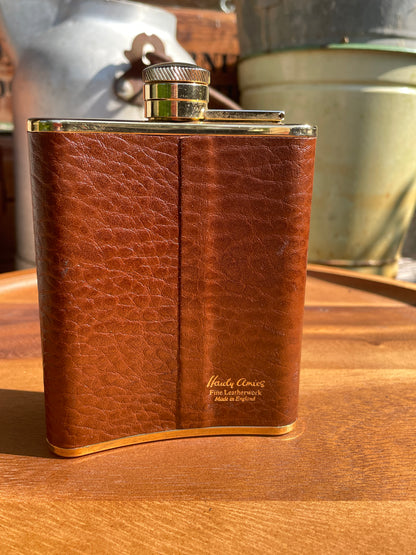 Vintage Hardy Amies Gold Plated Leather Hip Flask – 6oz – Made in England – Fine Gentleman's Gift
