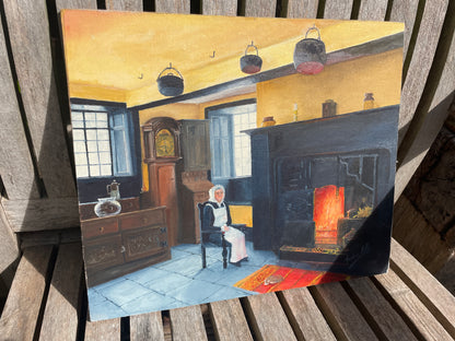 Vintage Oil Painting Rustic Fireplace Scene Signed Gordon Mills Interior