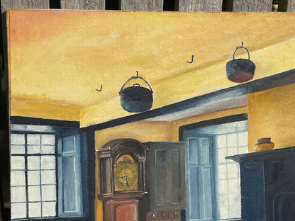 Vintage Oil Painting Rustic Fireplace Scene Signed Gordon Mills Interior