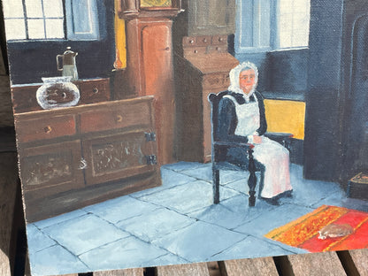 Vintage Oil Painting Rustic Fireplace Scene Signed Gordon Mills Interior