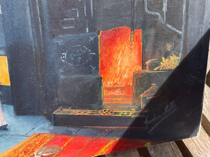Vintage Oil Painting Rustic Fireplace Scene Signed Gordon Mills Interior