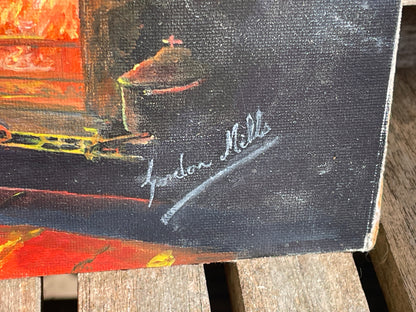 Vintage Oil Painting Rustic Fireplace Scene Signed Gordon Mills Interior