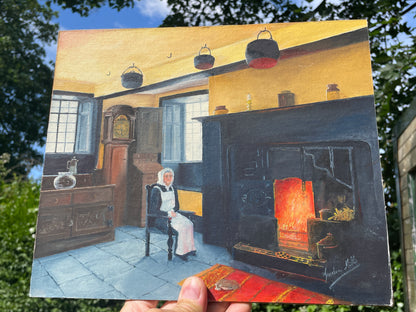 Vintage Oil Painting Rustic Fireplace Scene Signed Gordon Mills Interior