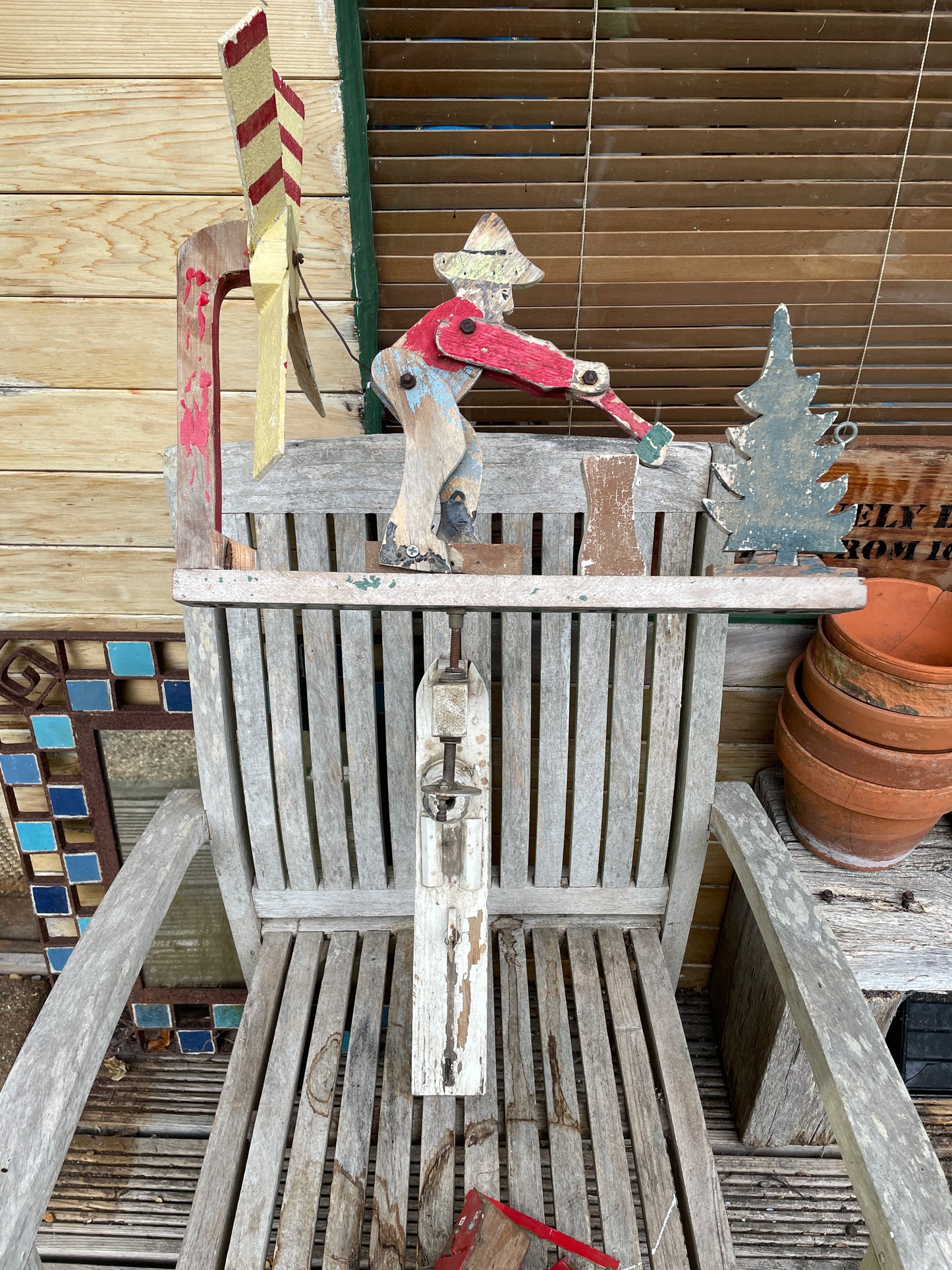 Antique American folk art whirligig man chopping wood wind spinner c1920's needing restoration