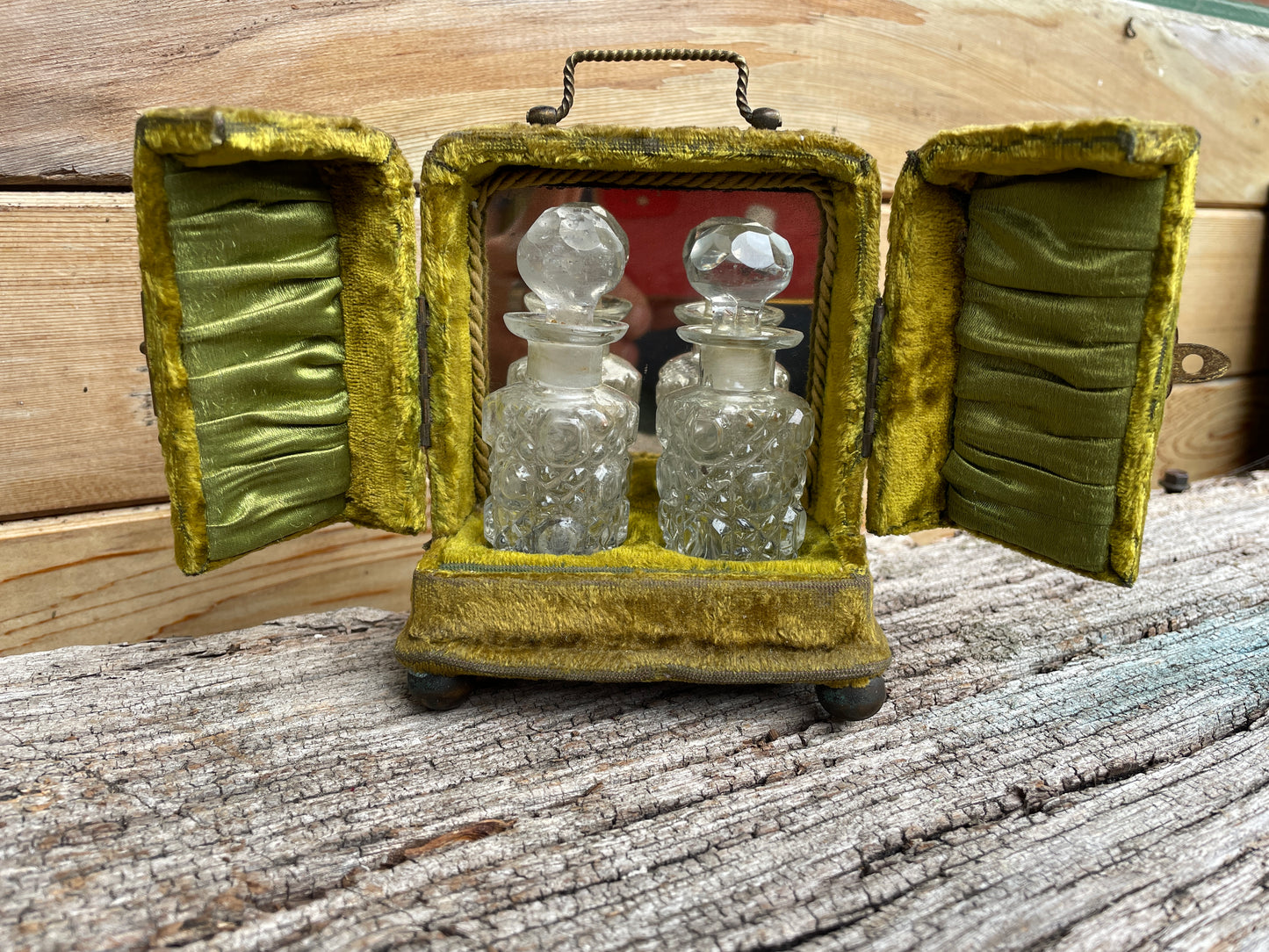 Victorian French Scent bottles in velvet presentation cabinet 12cm tall c1890