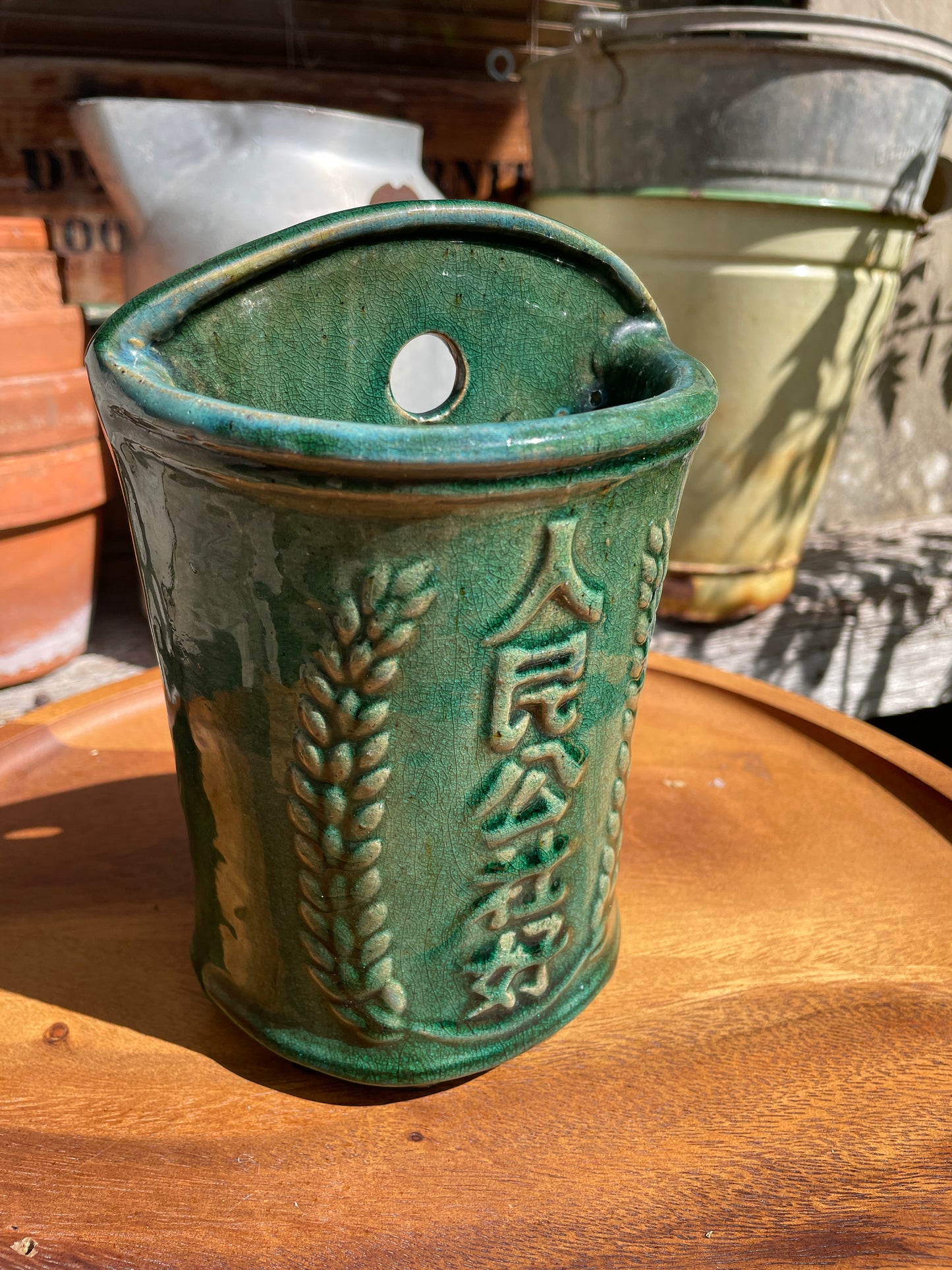 Vintage Chinese Green Glazed Wall Match Holder | Mao-Era Ceramic Wall Pocket with Script and  Wheat Sheaves | Rustic Kitchen Pot