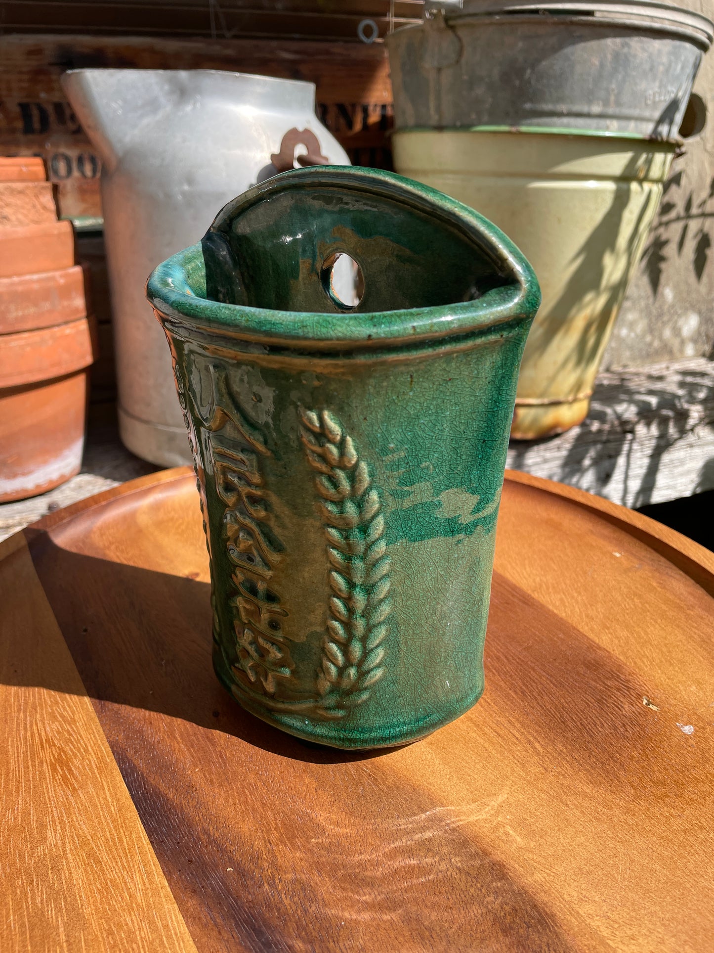 Vintage Chinese Green Glazed Wall Match Holder | Mao-Era Ceramic Wall Pocket with Script and  Wheat Sheaves | Rustic Kitchen Pot