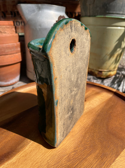 Vintage Chinese Green Glazed Wall Match Holder | Mao-Era Ceramic Wall Pocket with Script and  Wheat Sheaves | Rustic Kitchen Pot