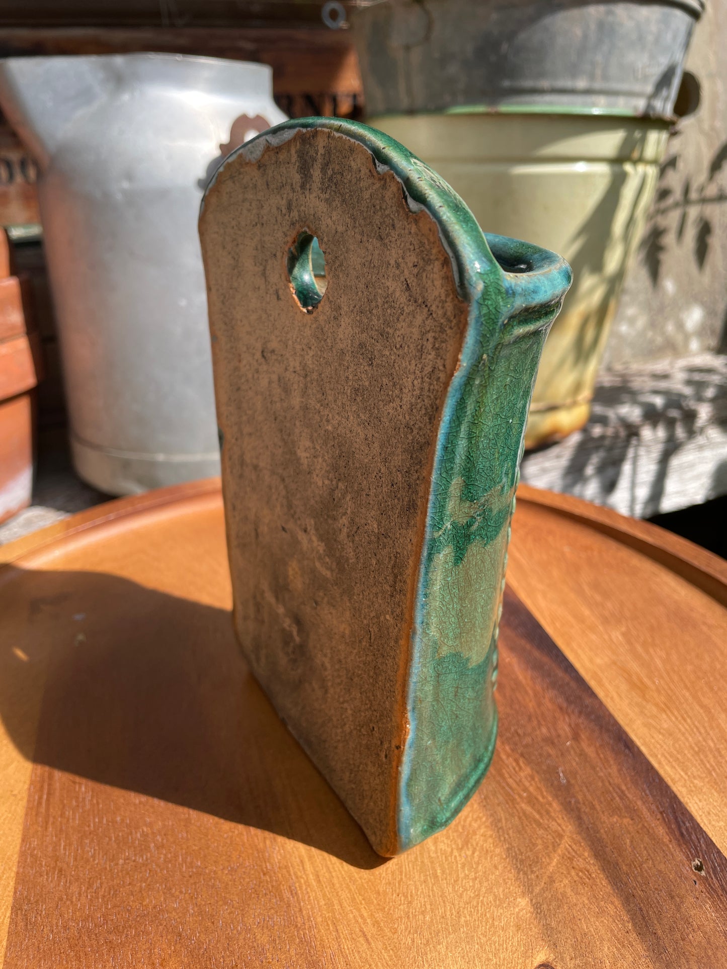 Vintage Chinese Green Glazed Wall Match Holder | Mao-Era Ceramic Wall Pocket with Script and  Wheat Sheaves | Rustic Kitchen Pot