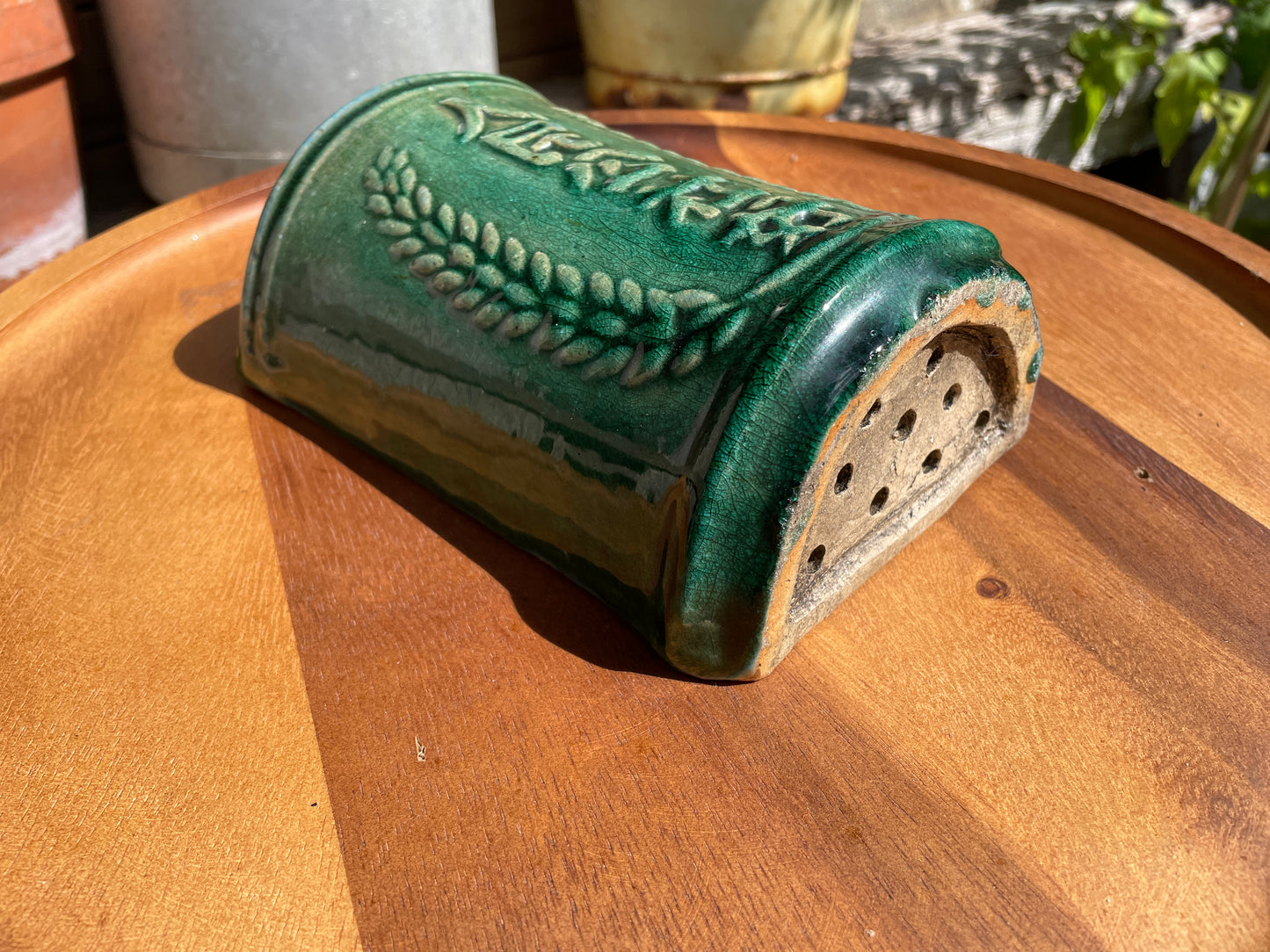 Vintage Chinese Green Glazed Wall Match Holder | Mao-Era Ceramic Wall Pocket with Script and  Wheat Sheaves | Rustic Kitchen Pot