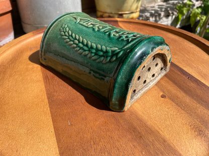 Vintage Chinese Green Glazed Wall Match Holder | Mao-Era Ceramic Wall Pocket with Script and  Wheat Sheaves | Rustic Kitchen Pot