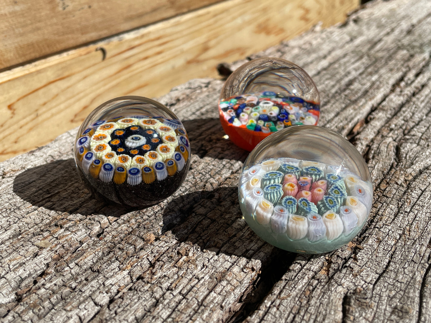 Three miniature Scottish Strathearn Glass paper weights c1970 hand made