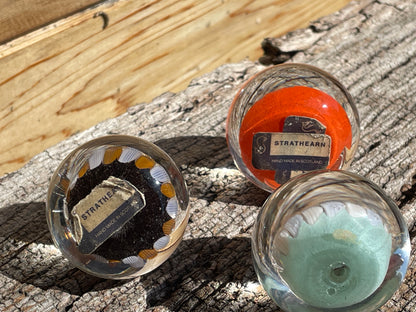 Three miniature Scottish Strathearn Glass paper weights c1970 hand made