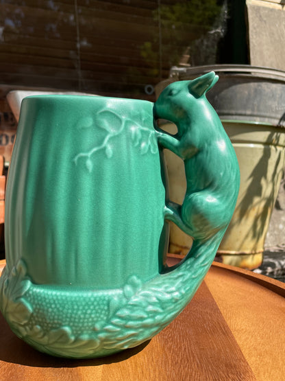 Vintage Sylvac Green Squirrel Jug 1195 | Art Deco Majolica Style Animal Handle Pitcher | Made in England | Woodland Pottery Vase
