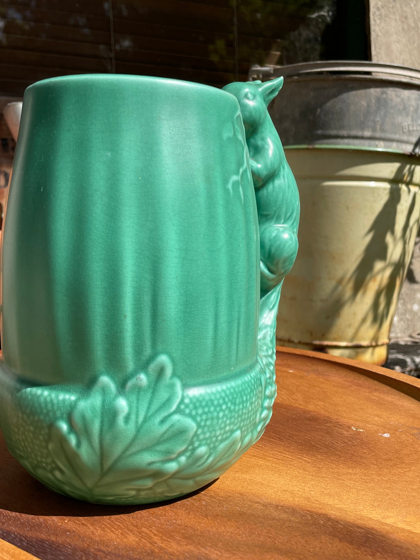 Vintage Sylvac Green Squirrel Jug 1195 | Art Deco Majolica Style Animal Handle Pitcher | Made in England | Woodland Pottery Vase