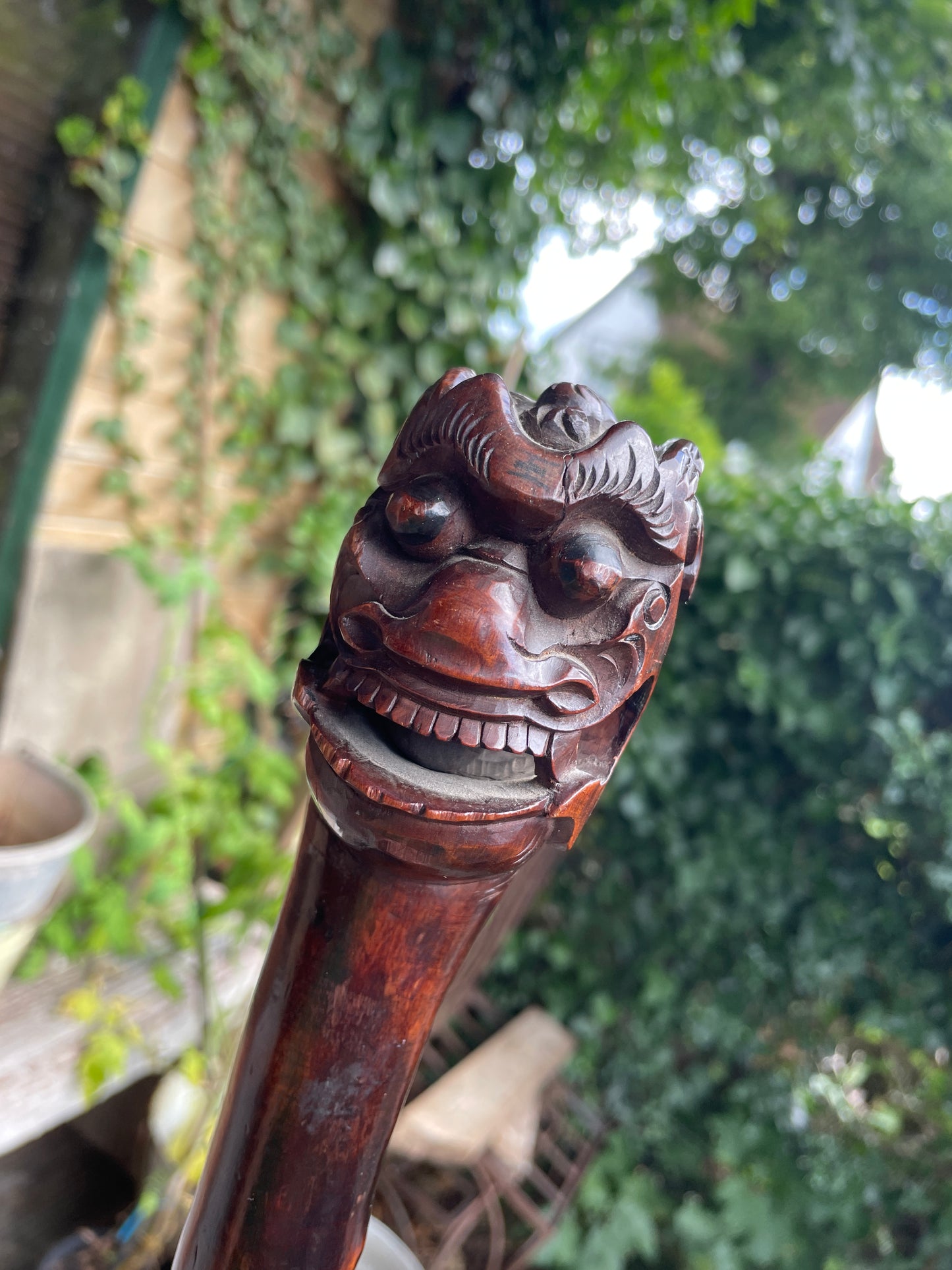 Antique Chinese Dragon Cane with Free-Moving Ball – 19thC Carved Hardwood Walking Stick – Foo Dog Cane with Metal Tip, 92cm
