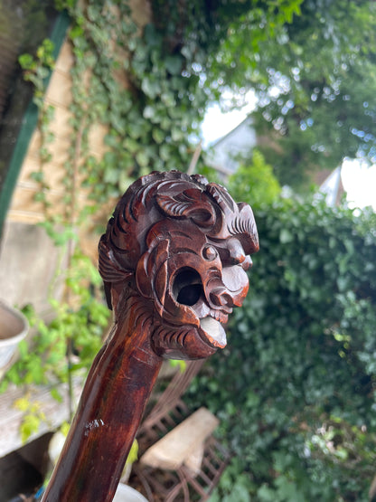 Antique Chinese Dragon Cane with Free-Moving Ball – 19thC Carved Hardwood Walking Stick – Foo Dog Cane with Metal Tip, 92cm