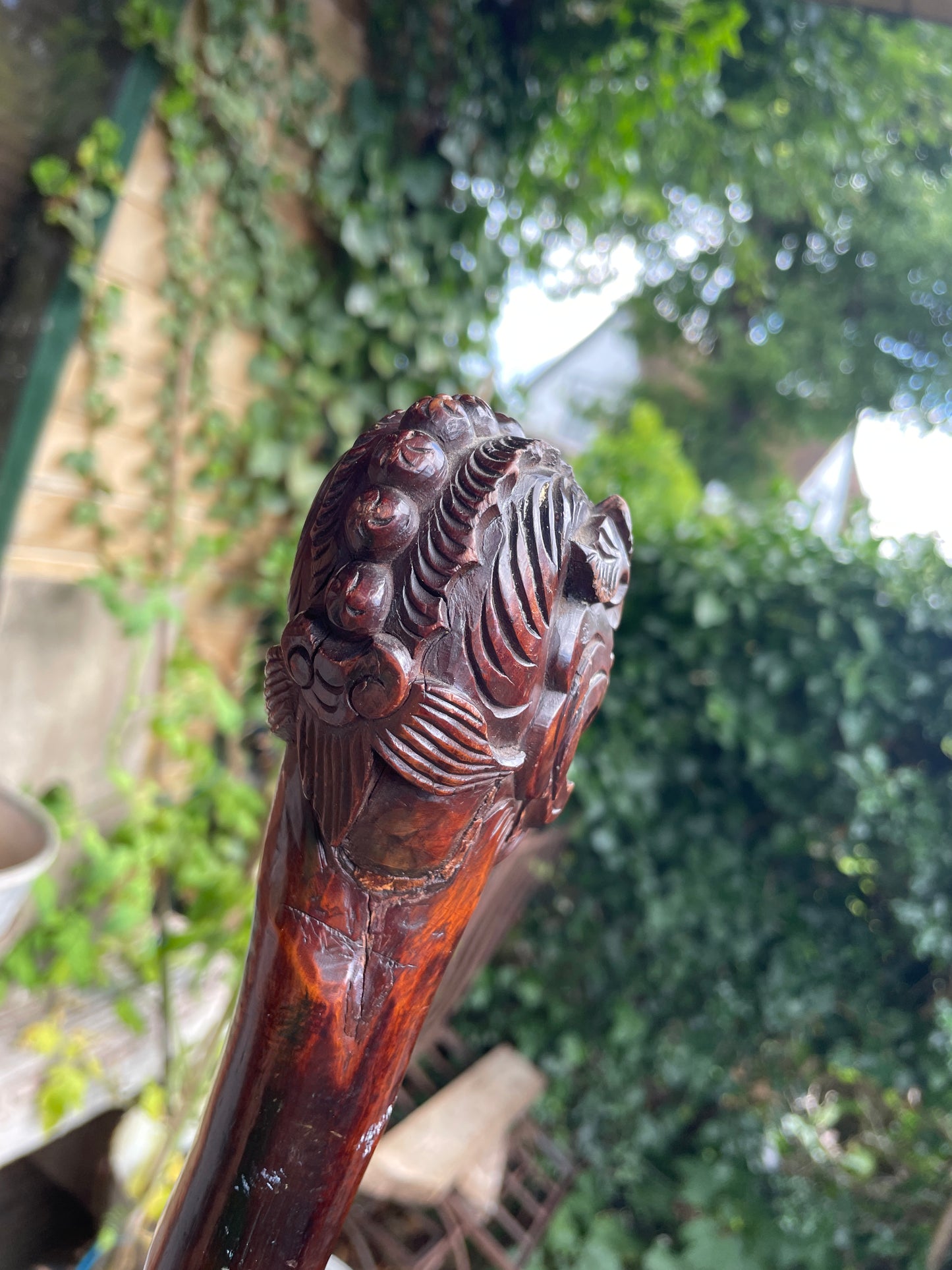 Antique Chinese Dragon Cane with Free-Moving Ball – 19thC Carved Hardwood Walking Stick – Foo Dog Cane with Metal Tip, 92cm