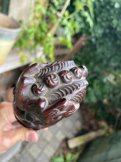 Antique Chinese Dragon Cane with Free-Moving Ball – 19thC Carved Hardwood Walking Stick – Foo Dog Cane with Metal Tip, 92cm