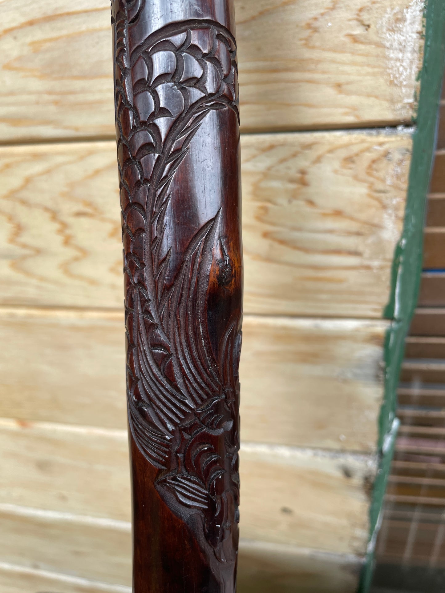 Antique Chinese Dragon Cane with Free-Moving Ball – 19thC Carved Hardwood Walking Stick – Foo Dog Cane with Metal Tip, 92cm