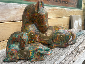 Indian Mother and foal antiqued hand carved figures