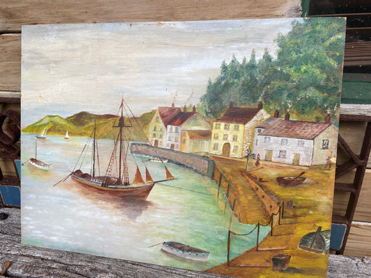 Naïve folk art oil on board painting of an English Harbour