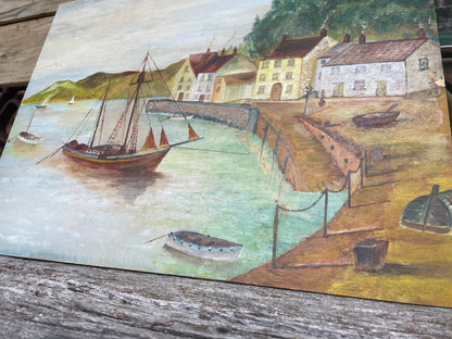 Naïve folk art oil on board painting of an English Harbour