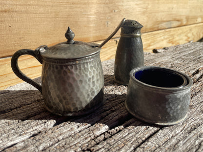 19th century English pewter cruet set with original blue glass liners