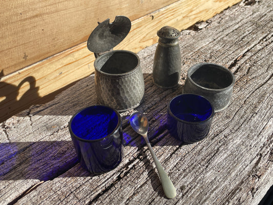 19th century English pewter cruet set with original blue glass liners