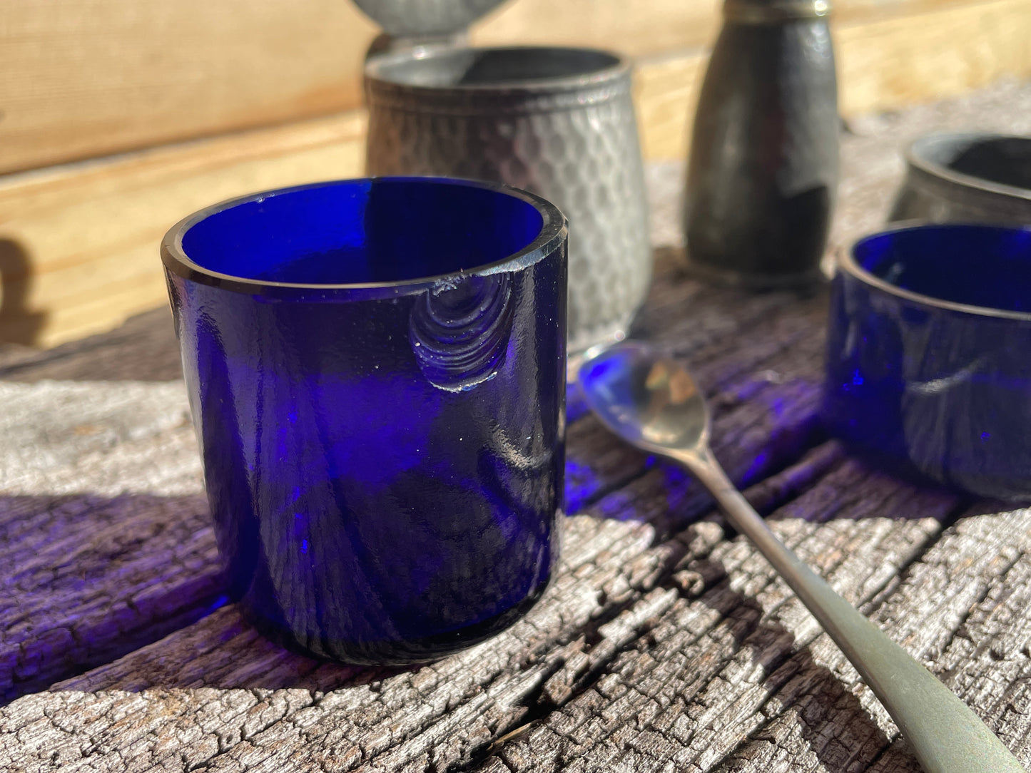 19th century English pewter cruet set with original blue glass liners