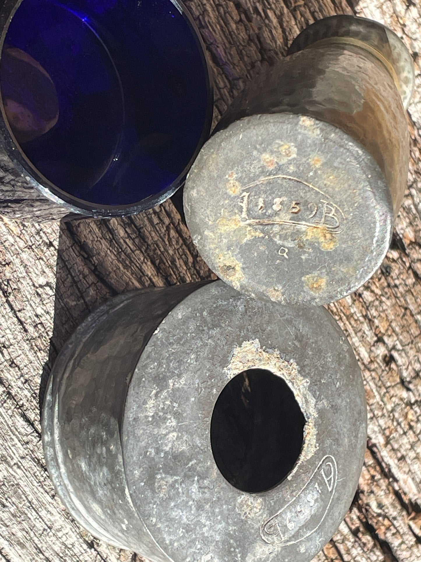 19th century English pewter cruet set with original blue glass liners