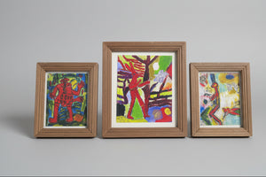Three small framed original artworks by Tom Lywood to illustrate his poems
