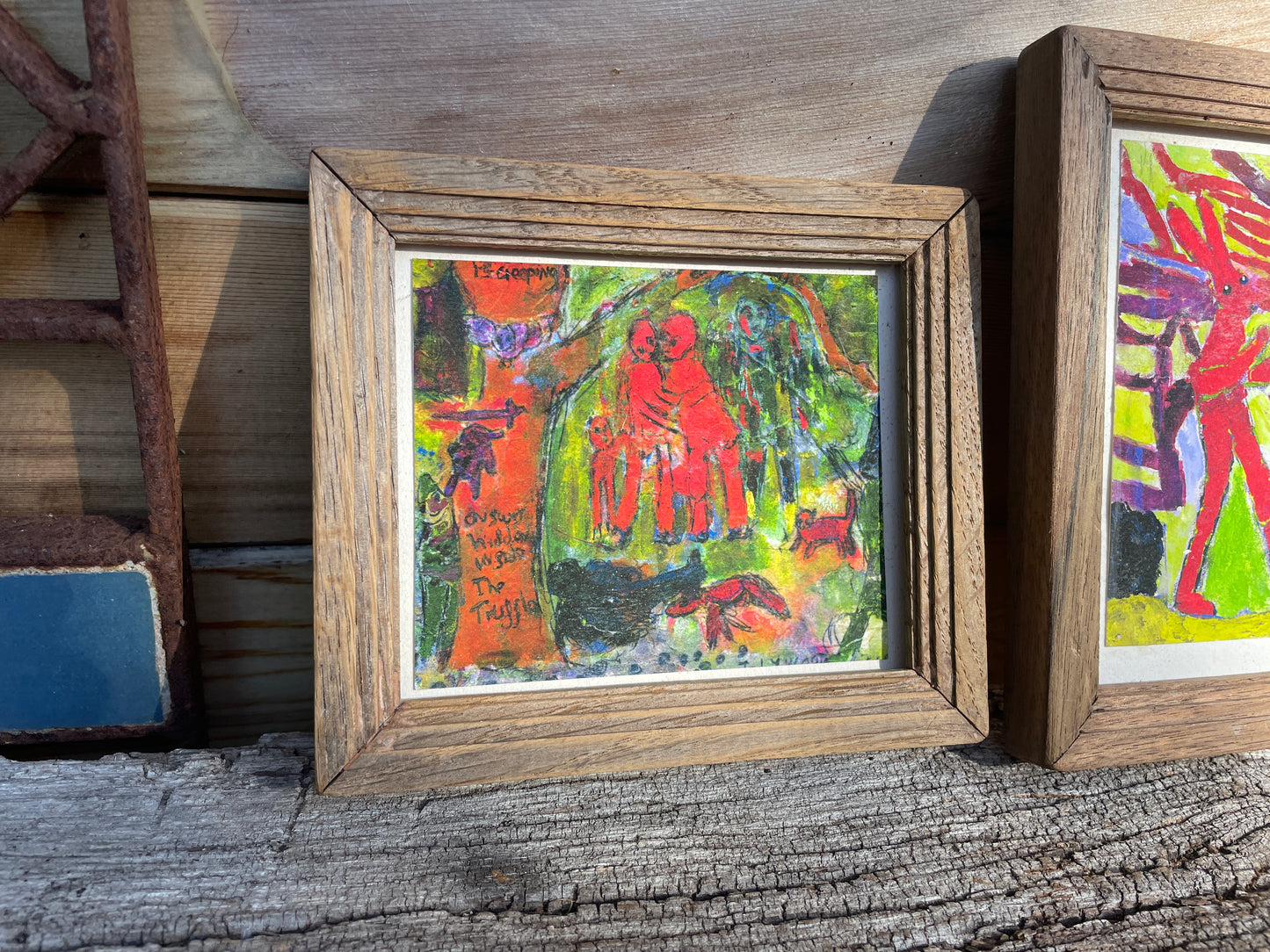 Three small framed original artworks by Tom Lywood to illustrate his poems