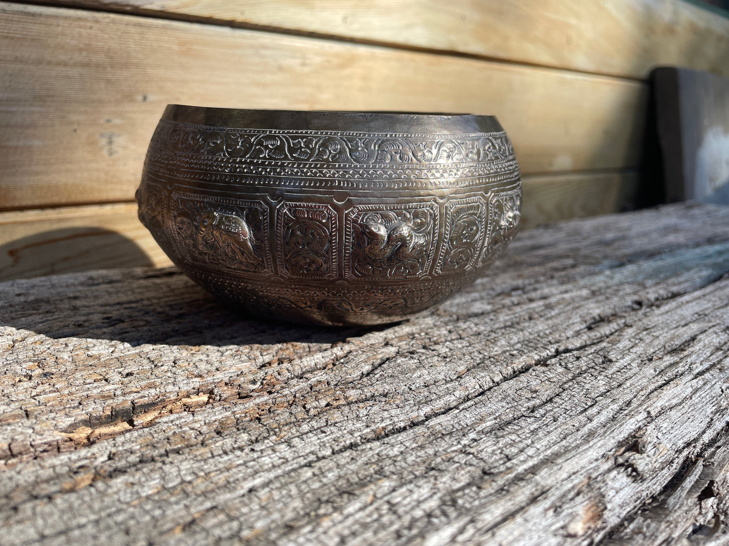 Indian white metal bowl heavily embossed with wild creatures 13cm diameter 141g