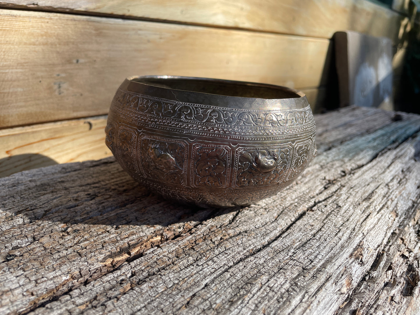 Indian white metal bowl heavily embossed with wild creatures 13cm diameter 141g