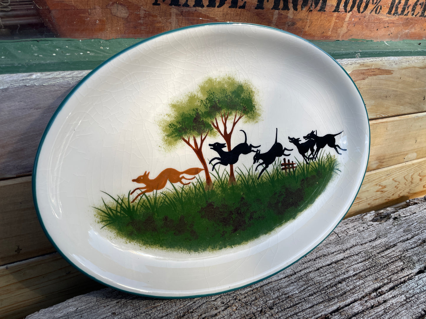 Vintage Scottish Wemyss Ware pottery oval plate dogs chasing fox