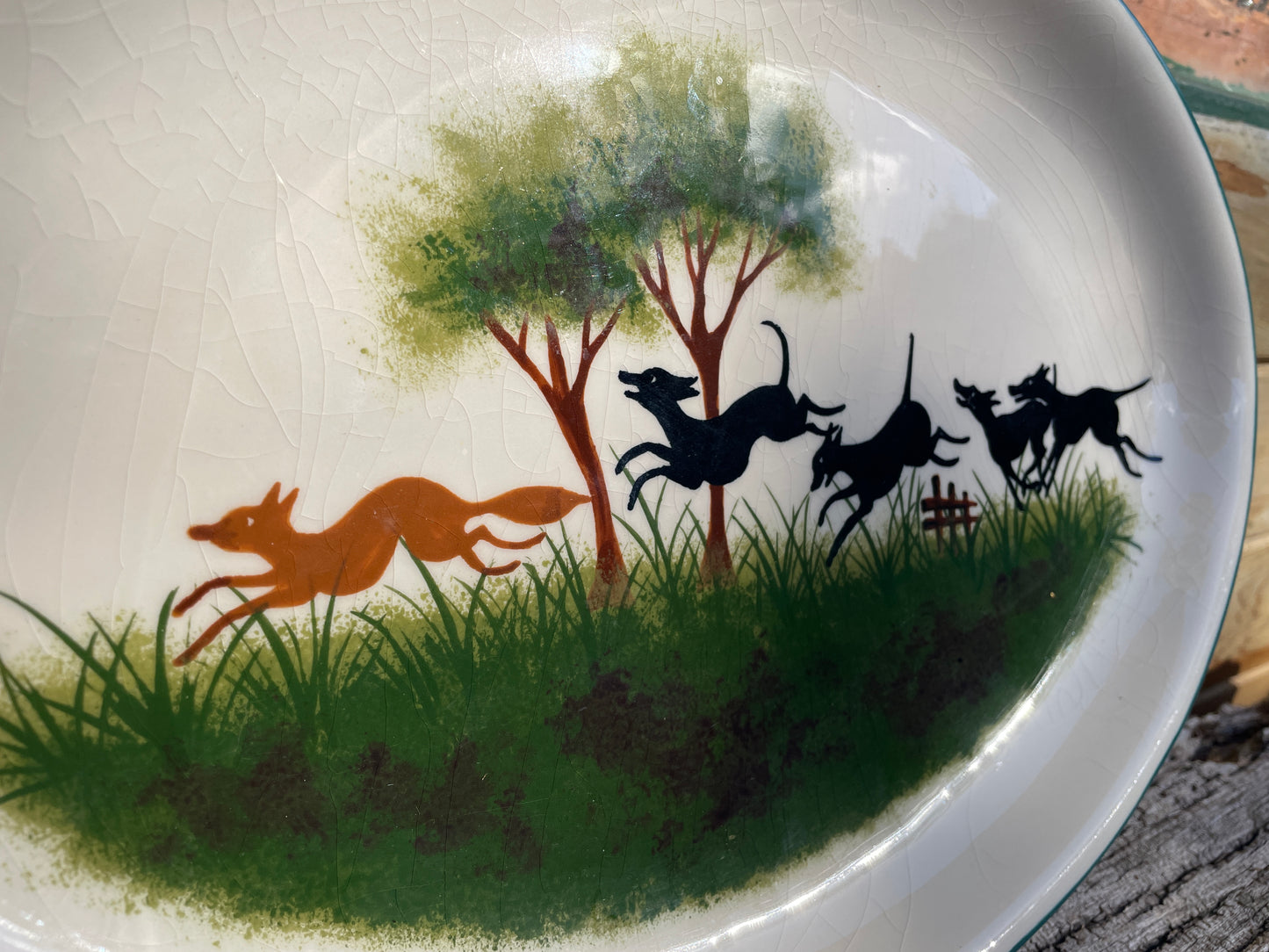 Vintage Scottish Wemyss Ware pottery oval plate dogs chasing fox