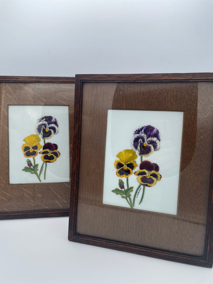 Pair Original Hand Painted Botanical Ceramic Plaques Signed L D Banks Framed