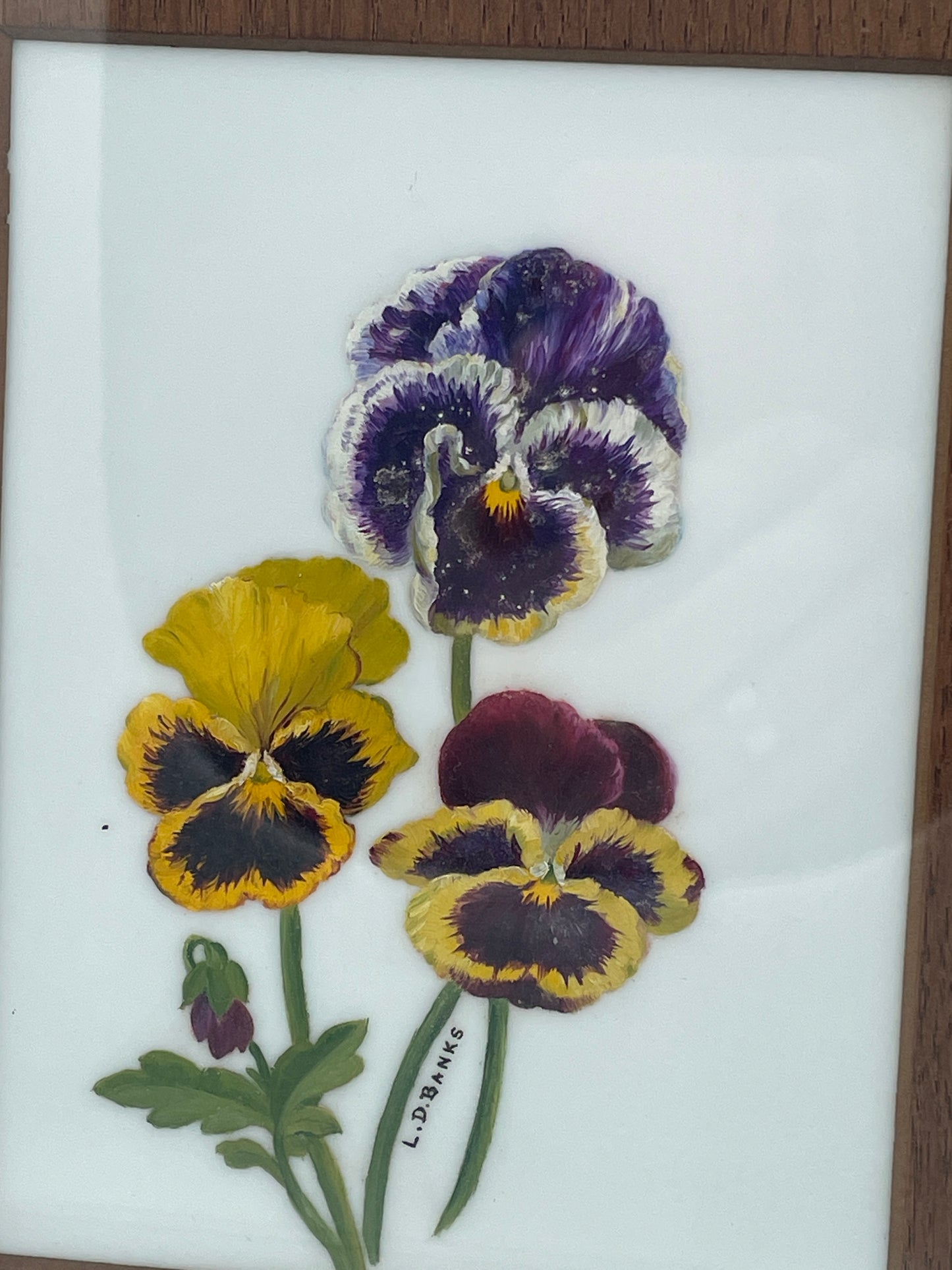 Pair Original Hand Painted Botanical Ceramic Plaques Signed L D Banks Framed