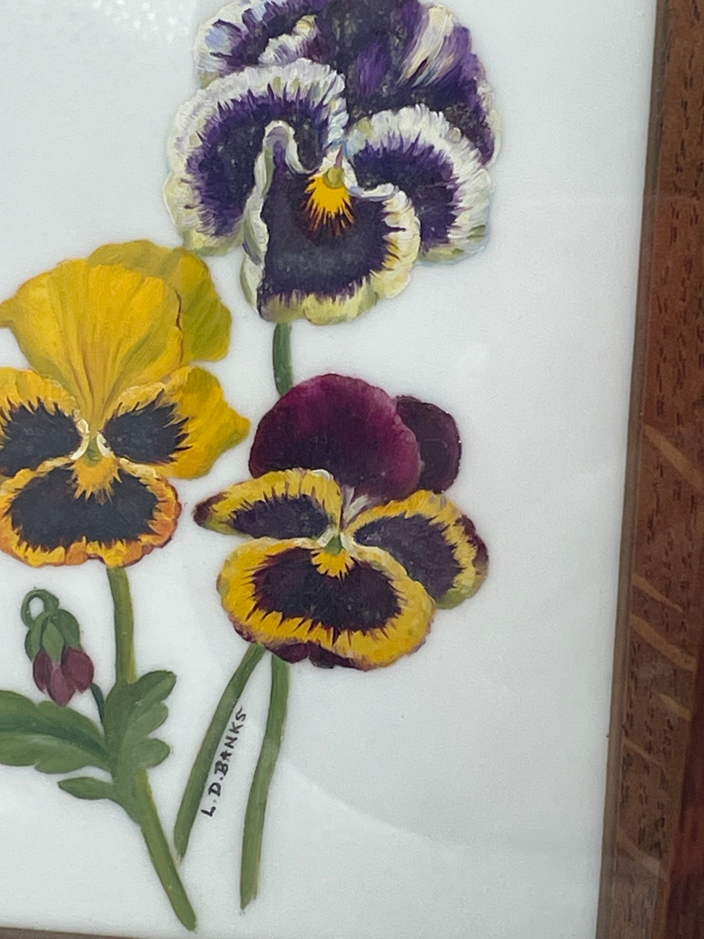 Pair Original Hand Painted Botanical Ceramic Plaques Signed L D Banks Framed