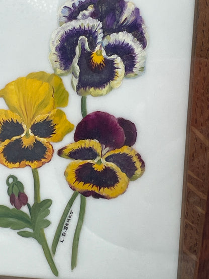 Pair Original Hand Painted Botanical Ceramic Plaques Signed L D Banks Framed