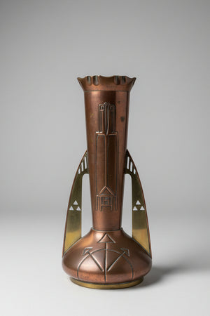 German Secessionist Arts and crafts copper and brass twin handled vase by GBN
